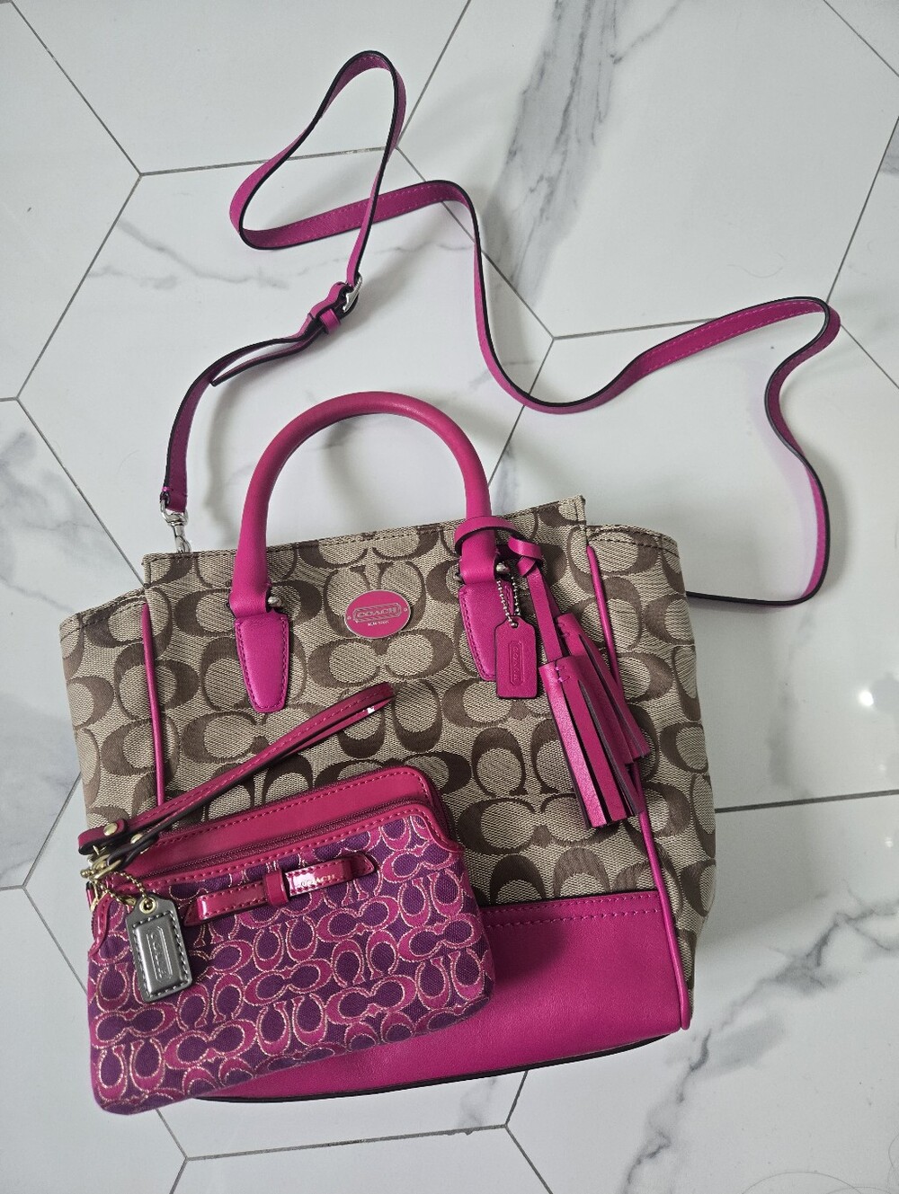 Coach Signature Canvas Tote with Hot Pink Trim and Wristlet